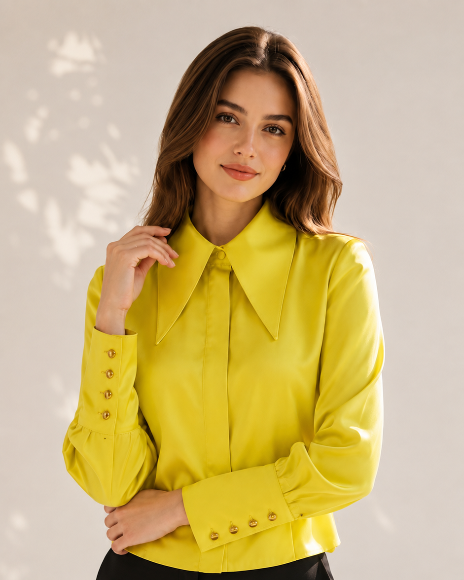 Yellow statement collar shirt, front view showing oversized pointed collar and gold cuffs | Beyond Formals