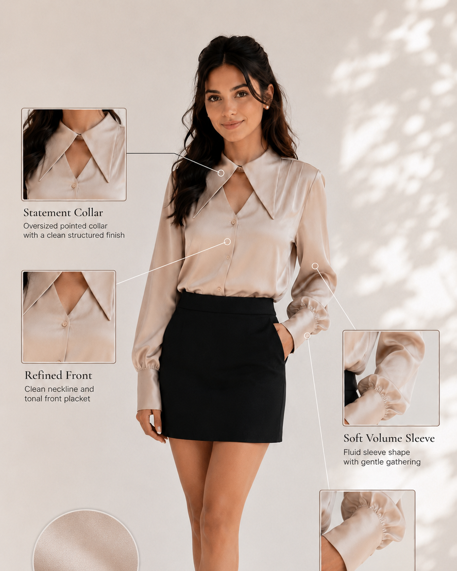 Champagne shirt infographic: statement collar, tonal placket, volume sleeve, extended cuff | Beyond Formals