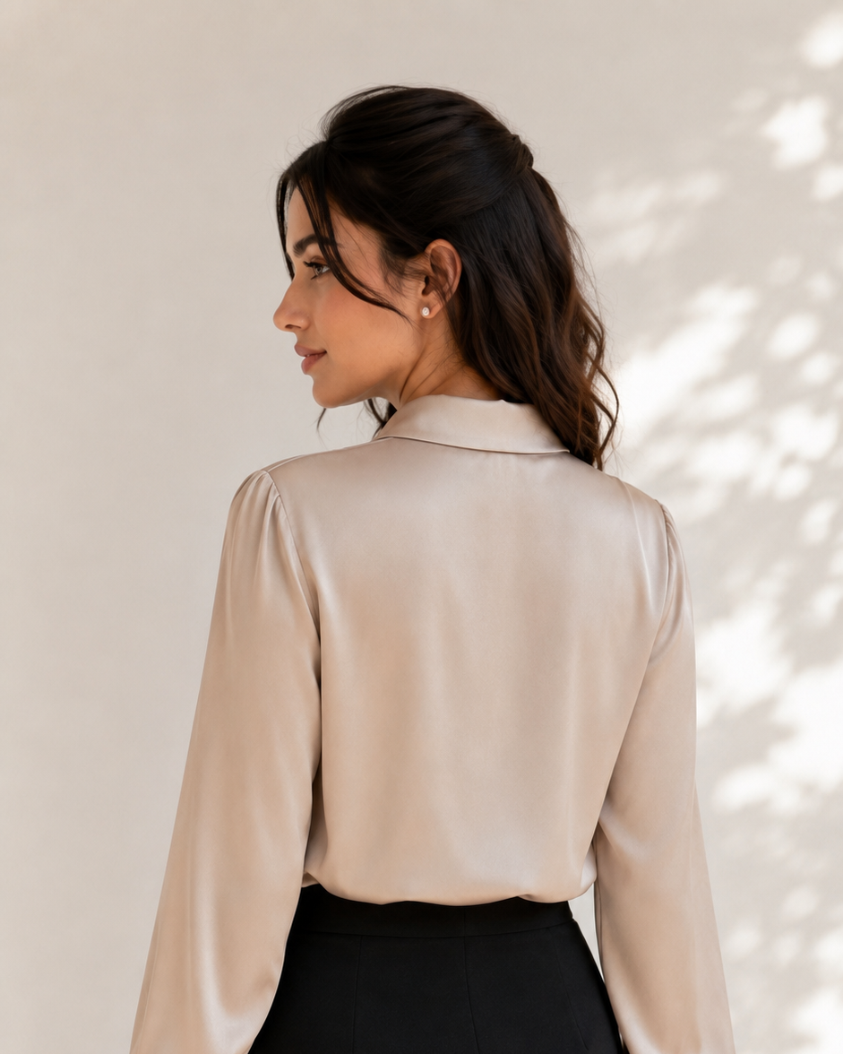Champagne statement collar shirt back view showing sheen and gathered sleeves | Beyond Formals