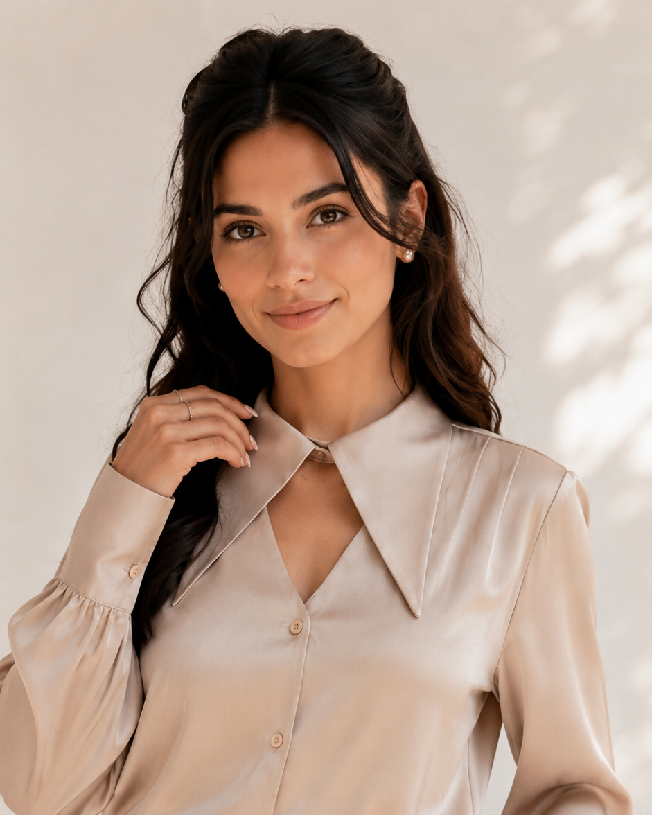 Champagne satin-finish shirt with oversized pointed collar and keyhole neckline, front view | Beyond Formals