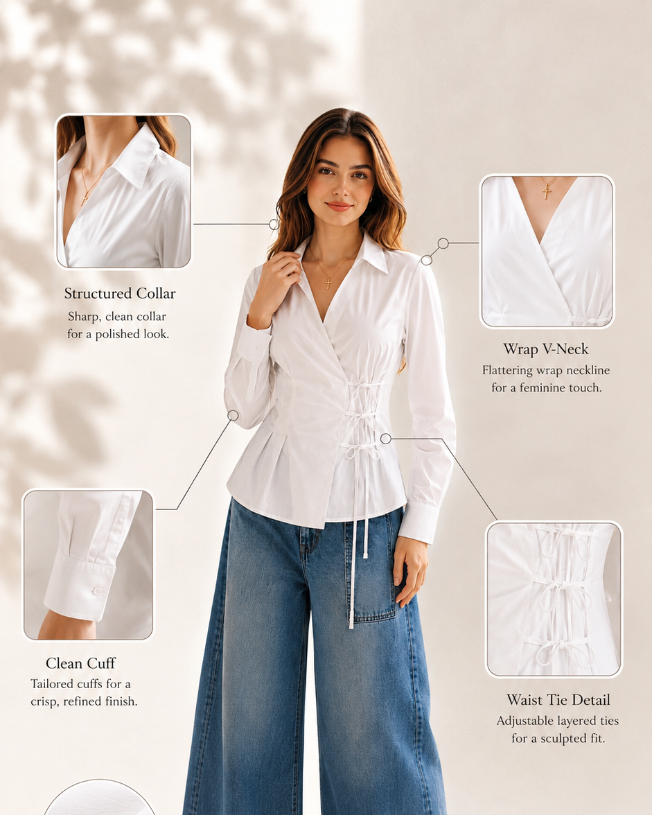 Infographic of white wrap tie shirt showing collar, wrap V-neck, clean cuff and waist tie detail | Beyond Formals