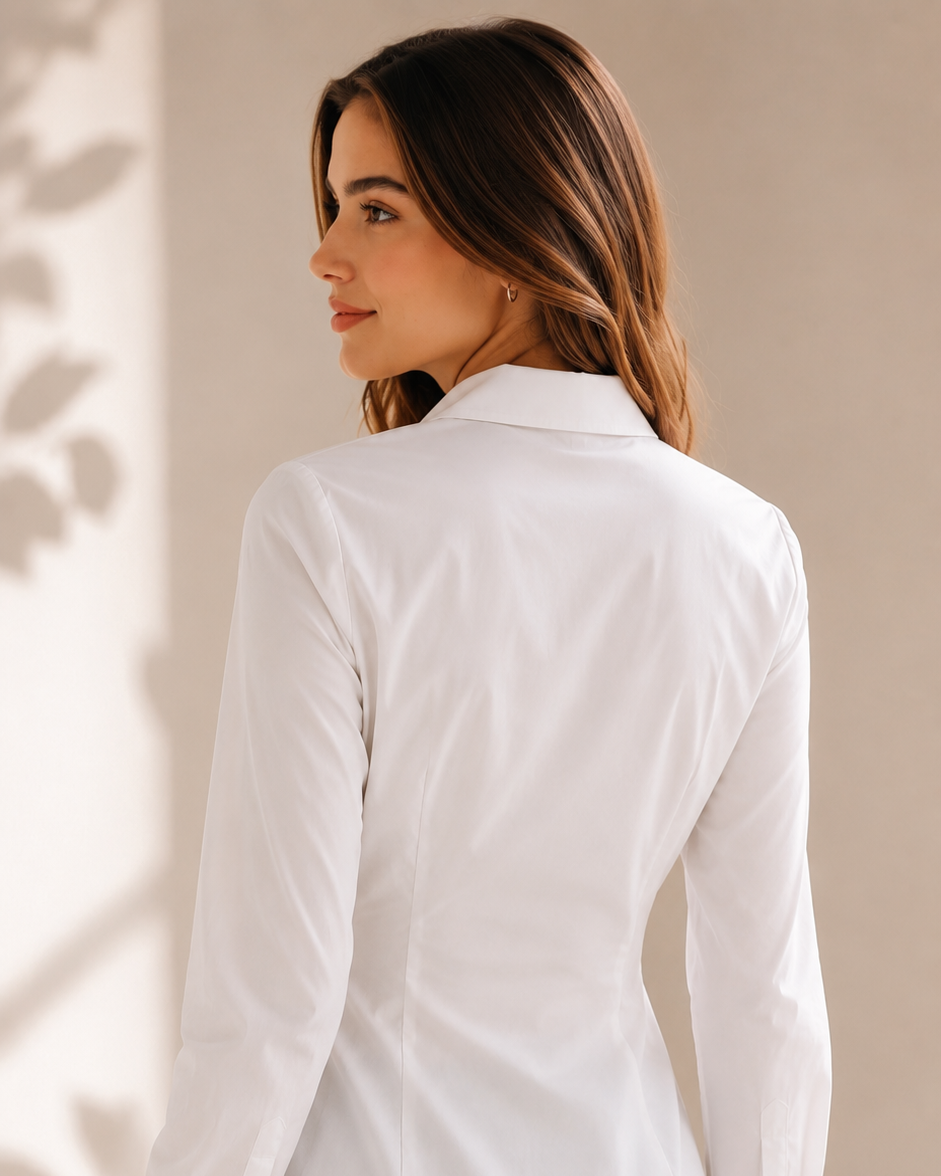 Back view of white wrap tie shirt showing darted fitted silhouette | Beyond Formals