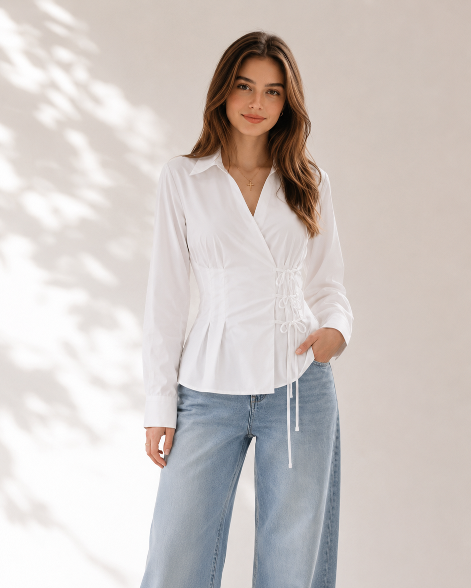 White wrap-front tie shirt with structured collar worn with wide-leg jeans, full-length front view | Beyond Formals