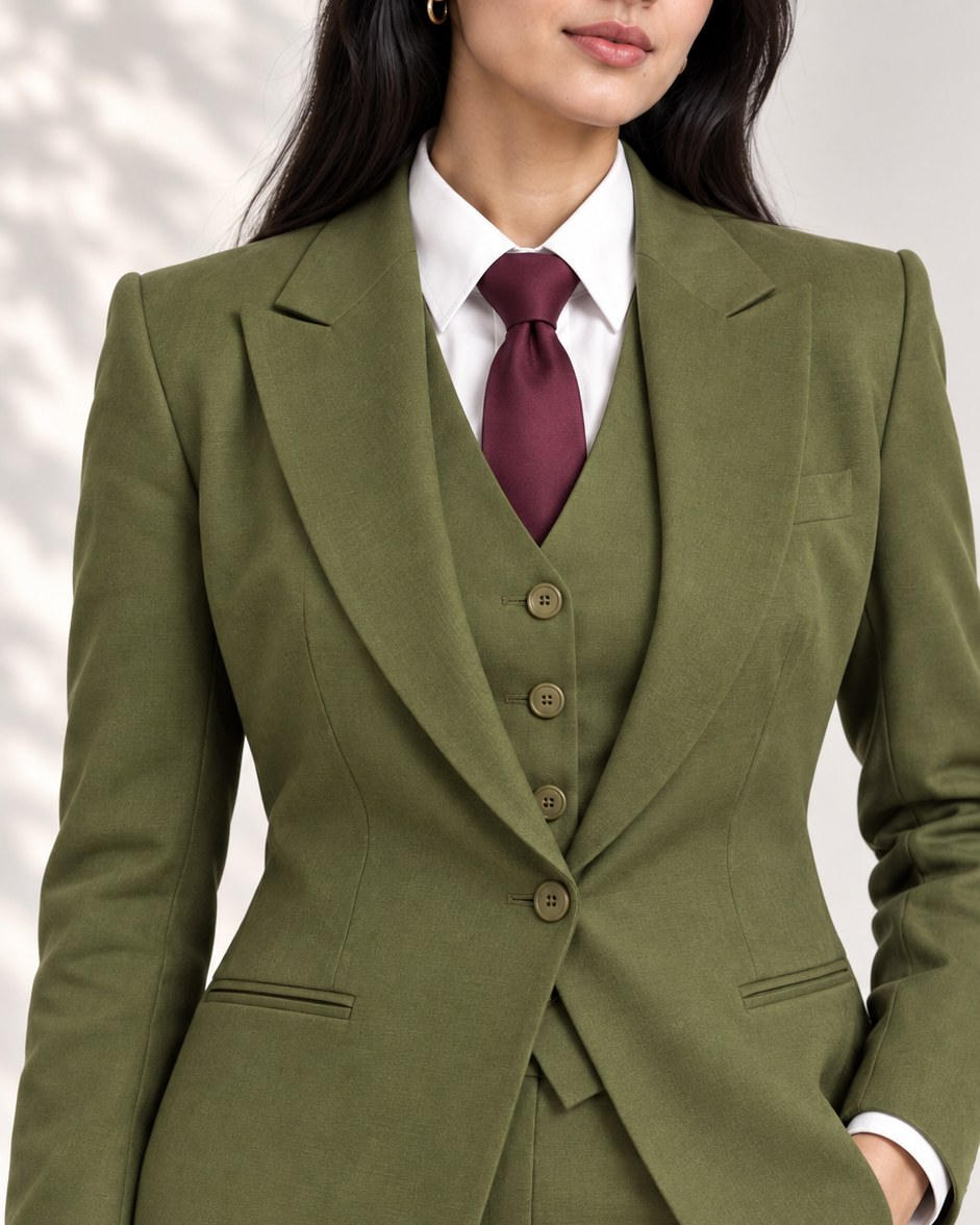 Close-up of olive green single-button blazer, four-button waistcoat, white shirt and burgundy tie | Beyond Formals