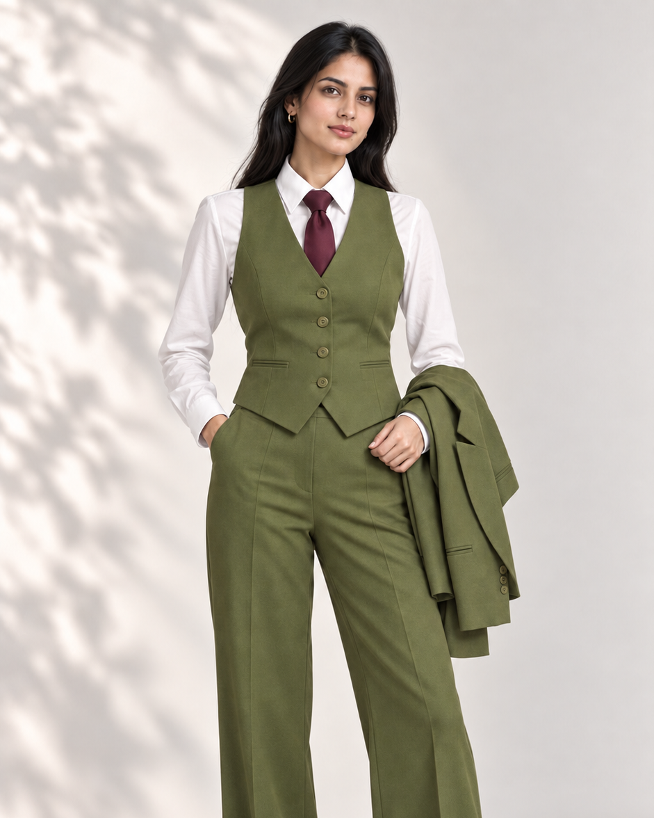 Olive green waistcoat and trousers with white shirt and burgundy tie, blazer draped over arm | Beyond Formals