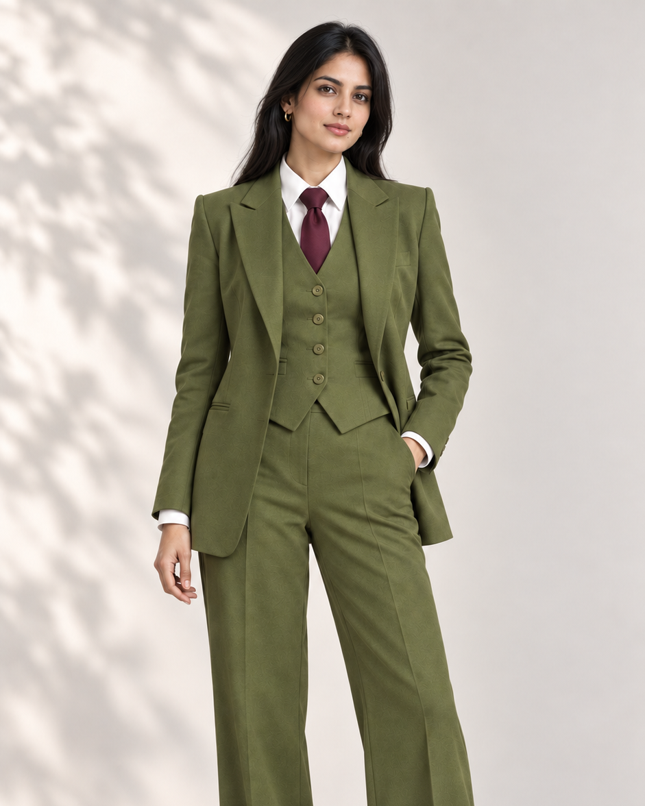 Olive green linen three-piece suit with waistcoat, white shirt and burgundy tie, full-length front view | Beyond Formals