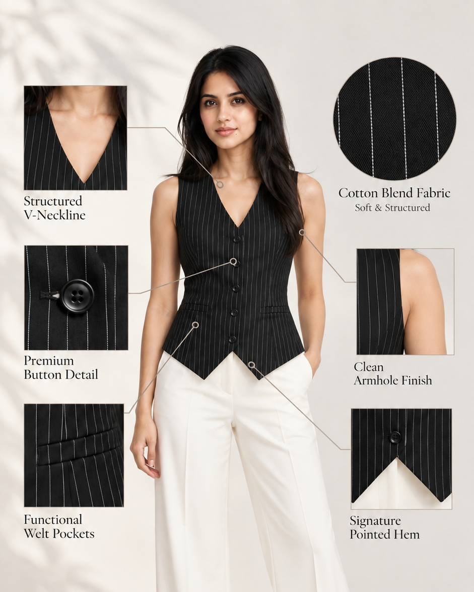 Black pinstripe waistcoat infographic: V-neckline, buttons, welt pockets, armhole, pointed hem | Beyond Formals