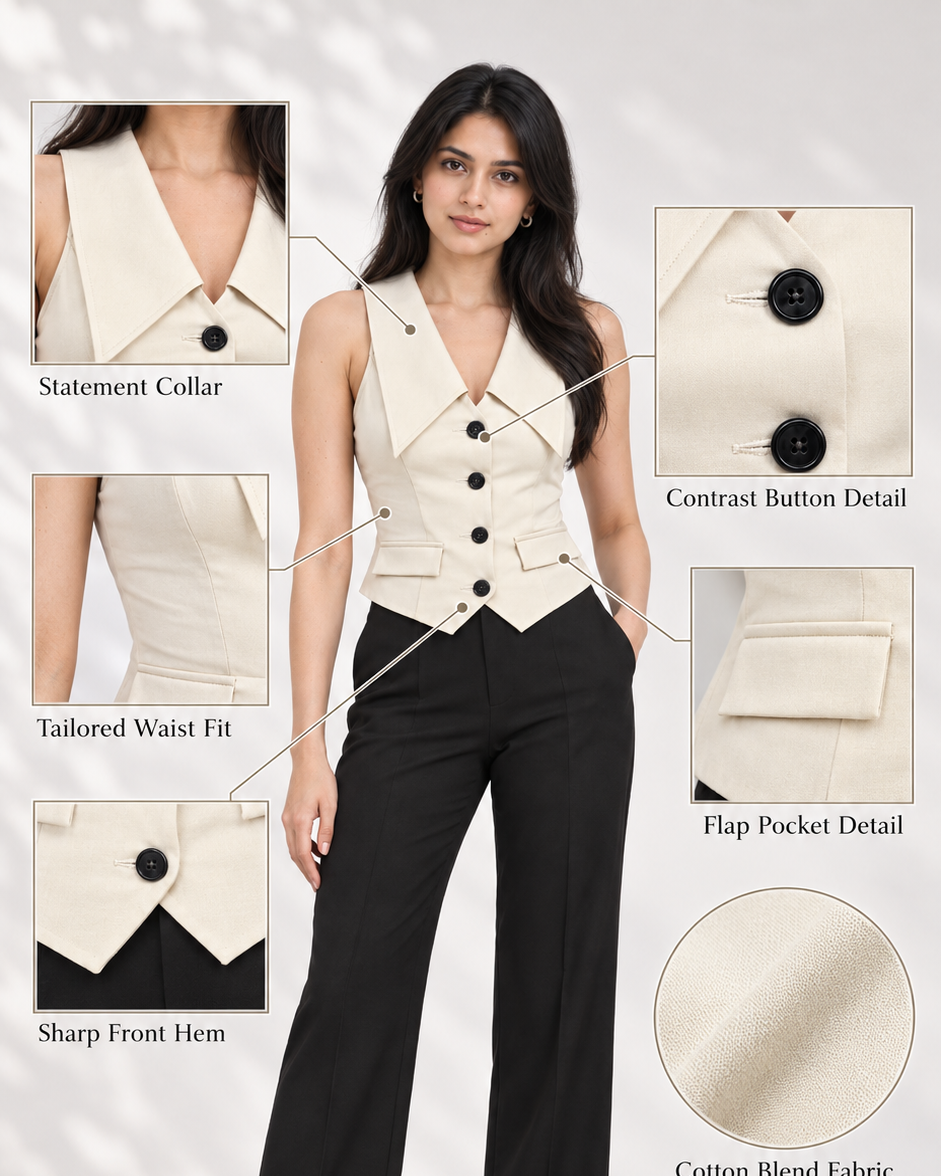 Infographic of beige sleeveless waistcoat: statement collar, black buttons, flap pockets, cotton blend | Beyond Formals