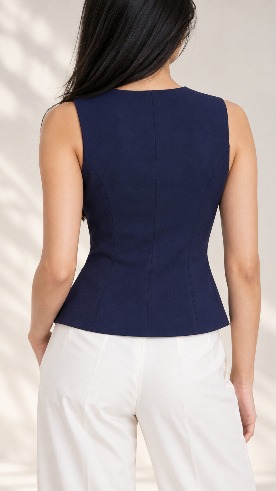 Navy tailored waistcoat, back view showing waist-shaping seams | Beyond Formals