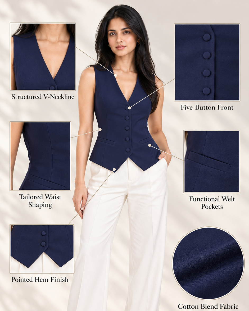 Navy waistcoat infographic showing V neckline, five-button front, welt pockets and pointed hem | Beyond Formals