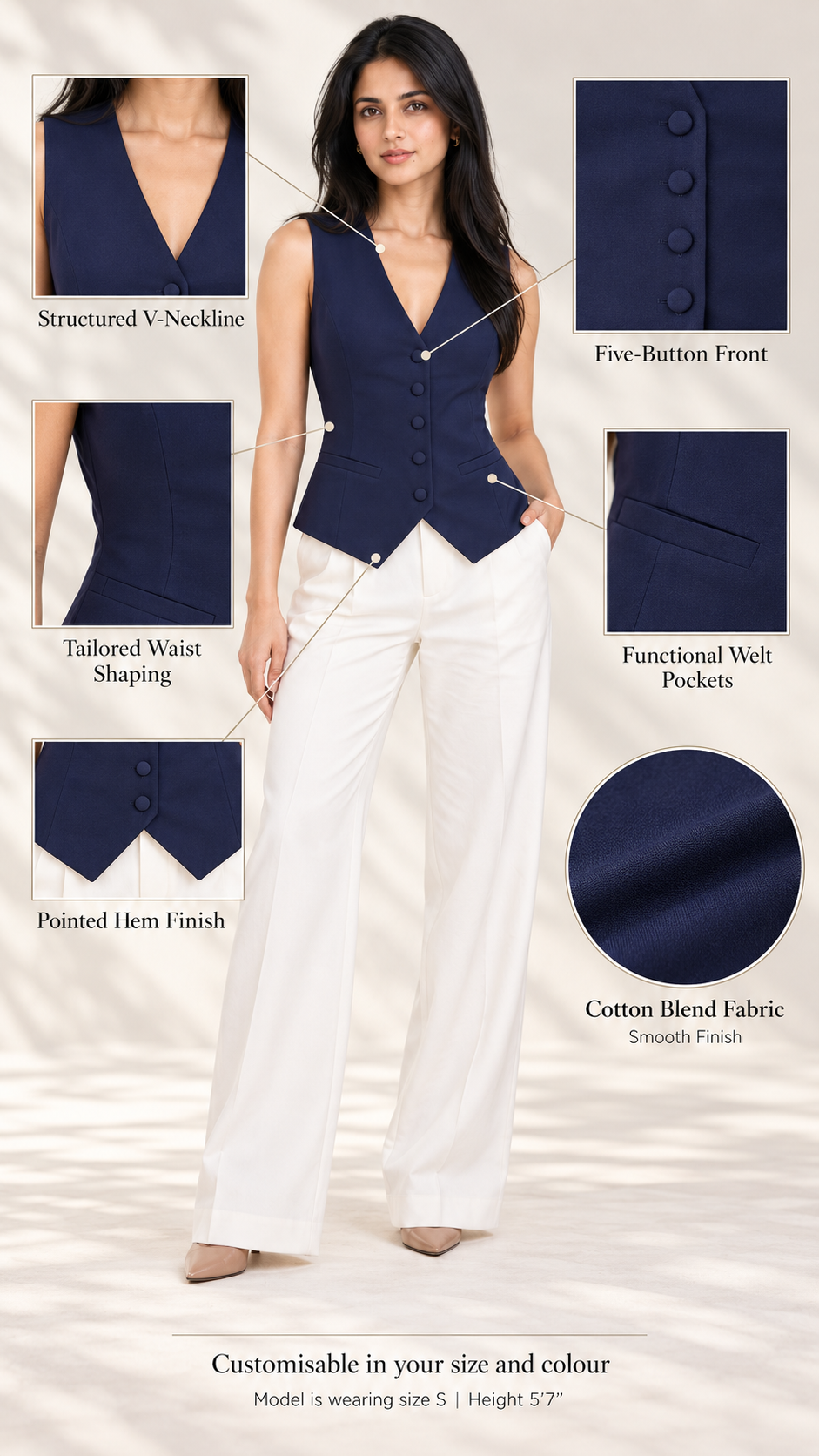 Navy waistcoat infographic showing V neckline, five-button front, welt pockets and pointed hem | Beyond Formals