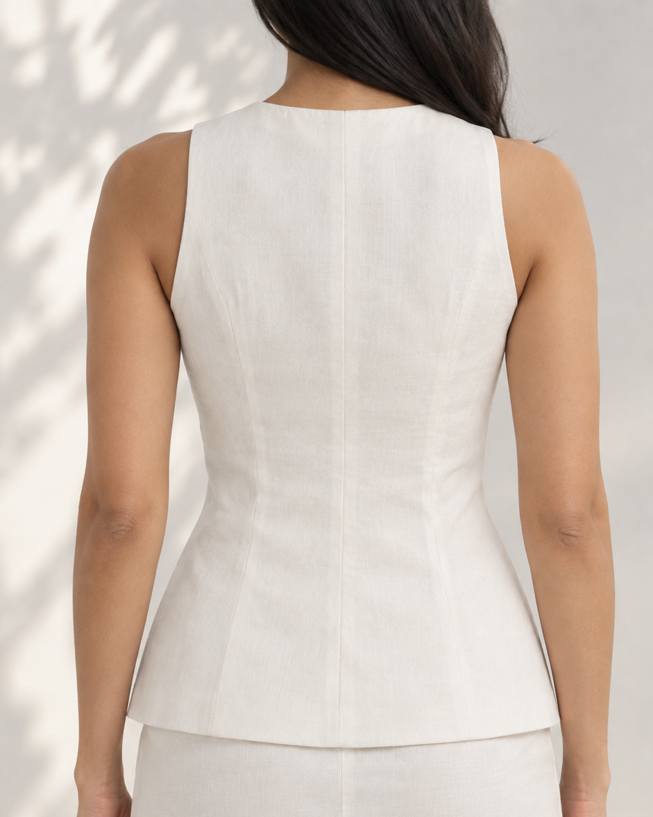 White waistcoat and mini skirt set on model, back view showing centre seam and curved hem | Beyond Formals