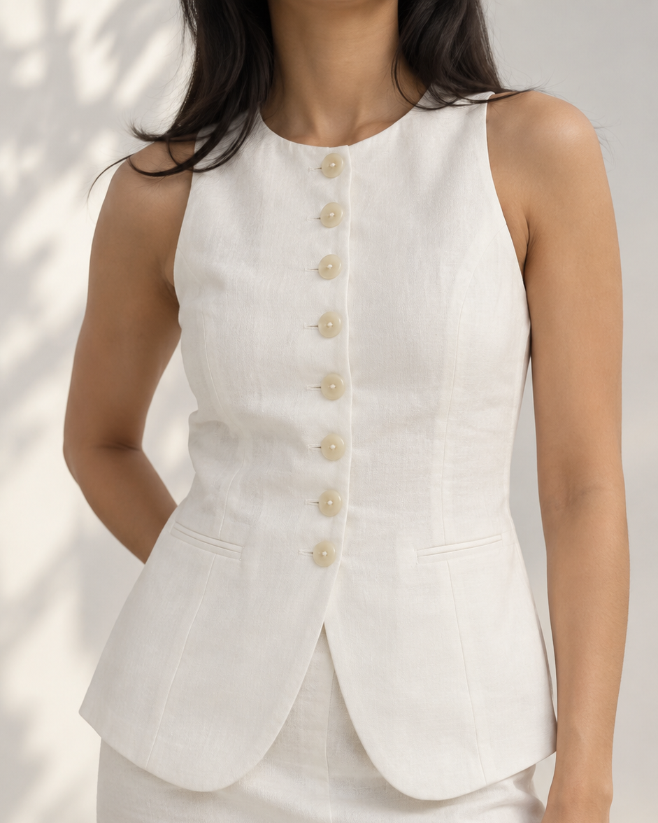 White waistcoat-skirt set close-up showing round neck, pearl-toned buttons and welt pockets | Beyond Formals