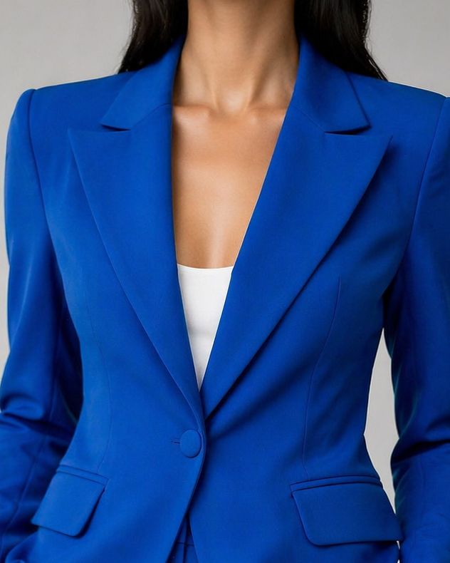 Blue suit jacket worn by a person on a gray background