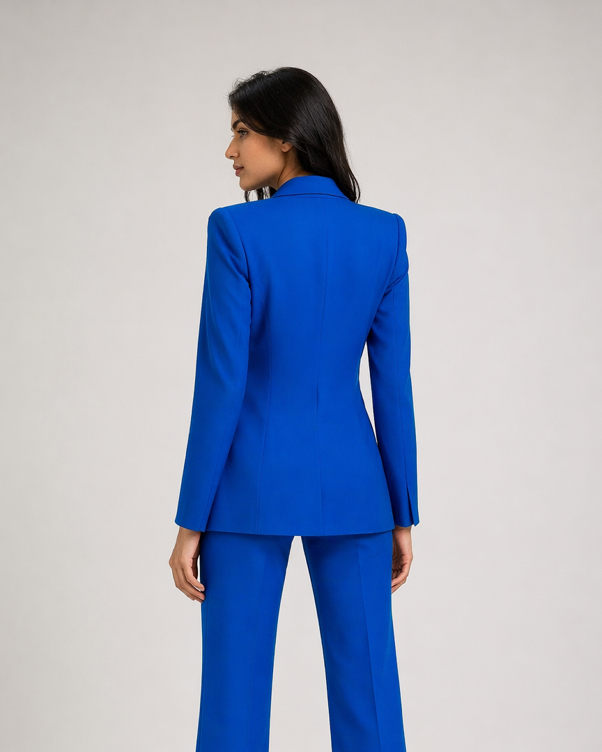 Woman wearing a blue suit on a white background