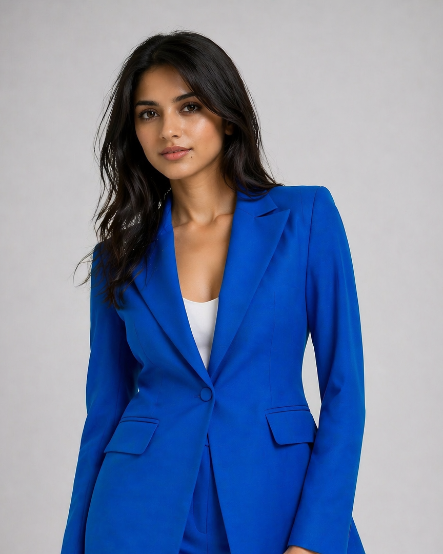 Woman wearing a blue suit on a white background