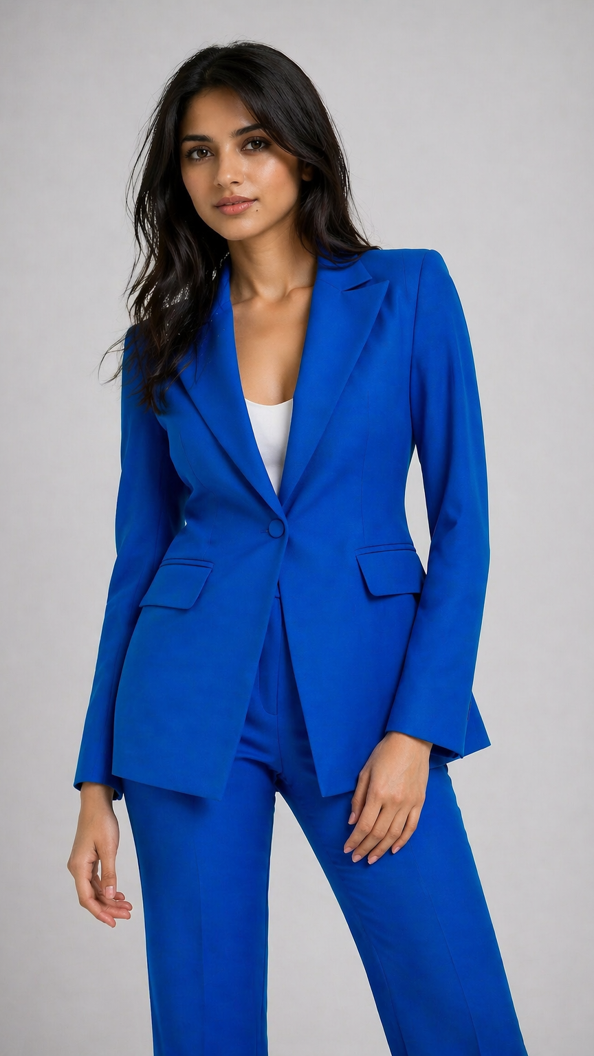 Woman wearing a blue suit on a white background