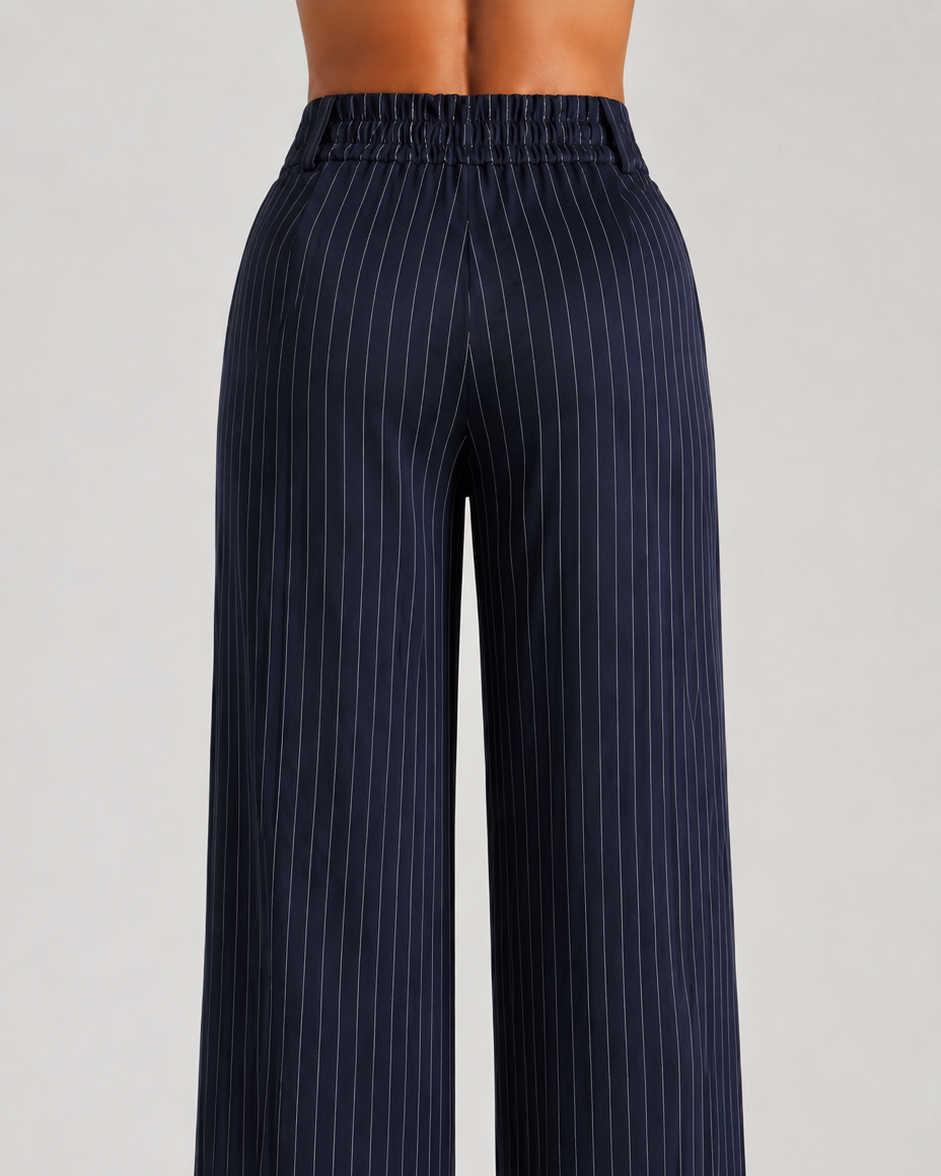 Navy Pinstripe High-Waist Wide-Leg Trousers for Women – View 3