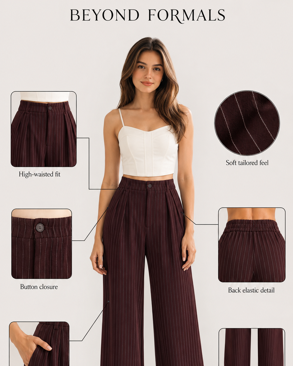 Burgundy Pinstripe High-Waist Wide-Leg Trousers for Women – View 2