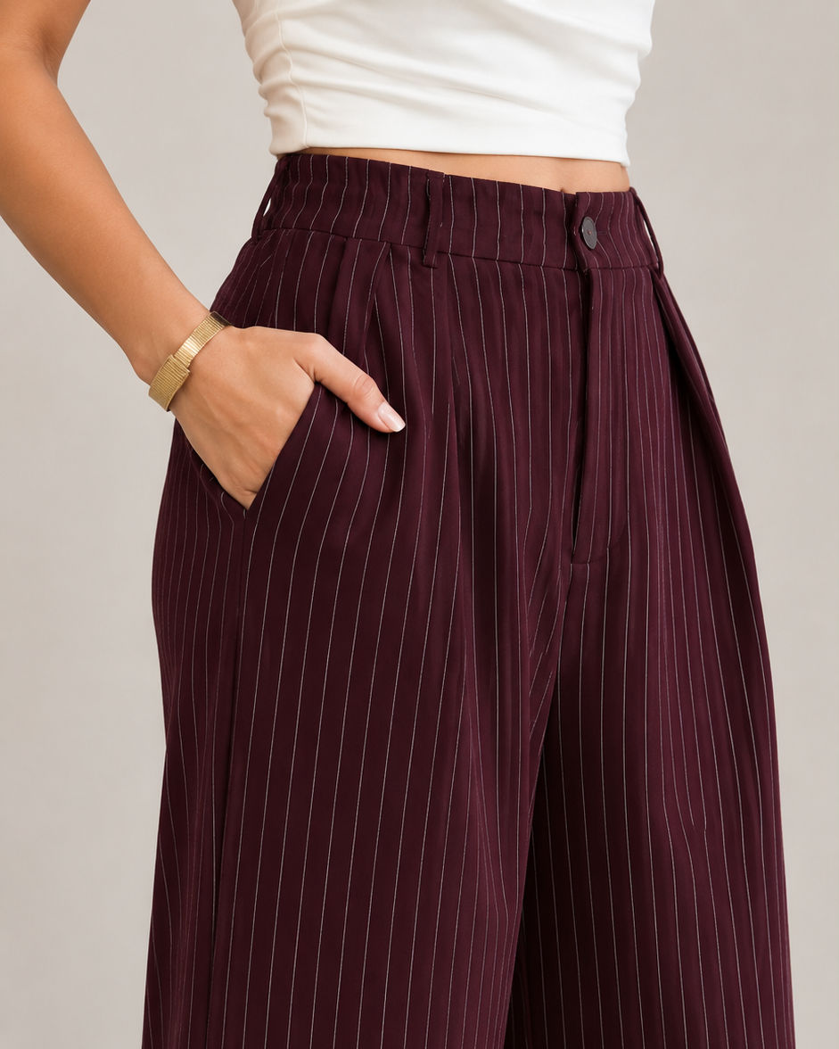 Burgundy Pinstripe High-Waist Wide-Leg Trousers for Women – View 3