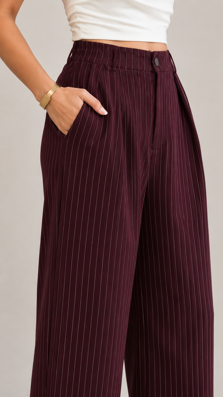 Burgundy Pinstripe High-Waist Wide-Leg Trousers for Women – View 3