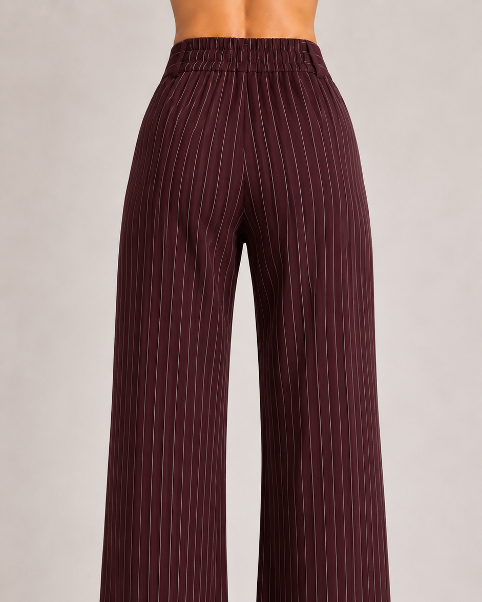 Burgundy Pinstripe High-Waist Wide-Leg Trousers for Women – View 4