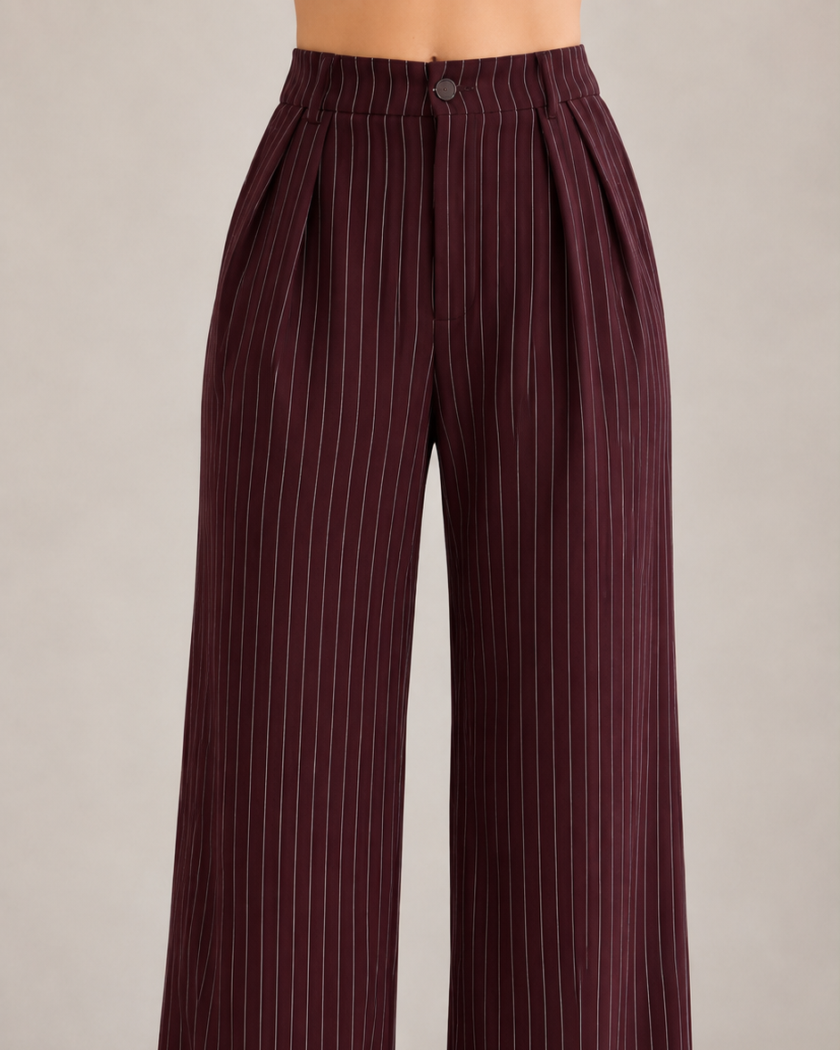 Burgundy Pinstripe High-Waist Wide-Leg Trousers for Women – Beyond Formals
