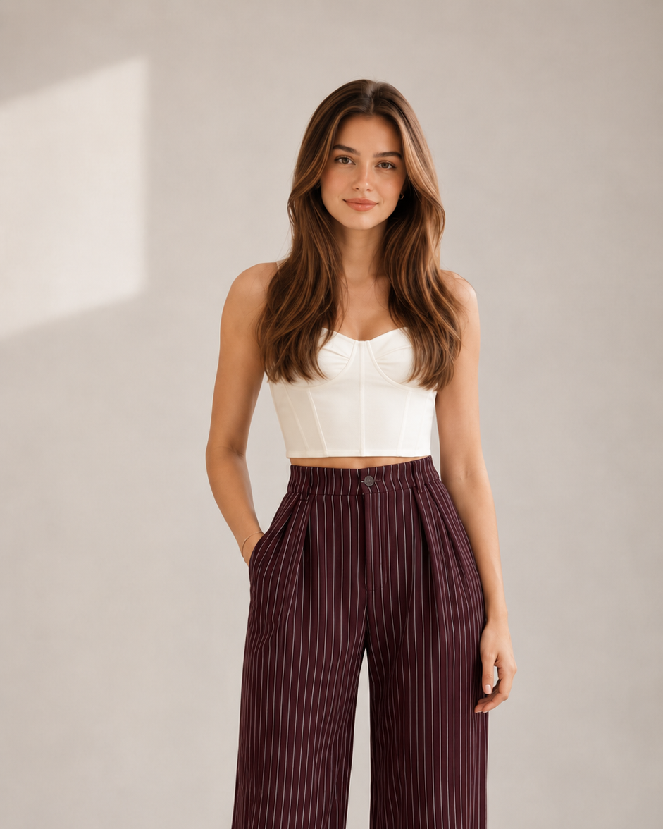 Burgundy Pinstripe High-Waist Wide-Leg Trousers for Women – View 5