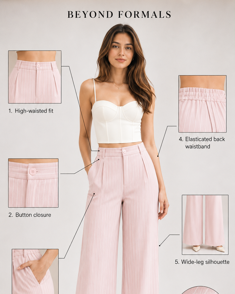 Nude Pink Pinstripe High-Waist Wide-Leg Trousers for Women – View 2