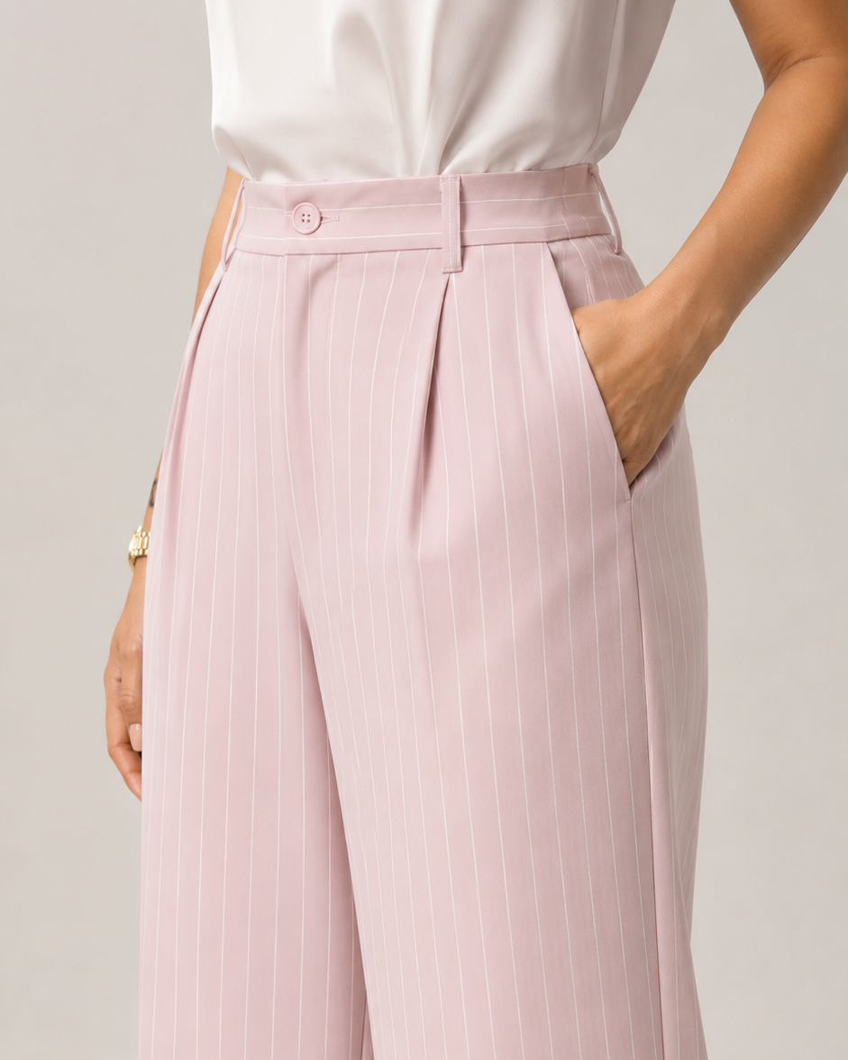 Nude Pink Pinstripe High-Waist Wide-Leg Trousers for Women – View 3