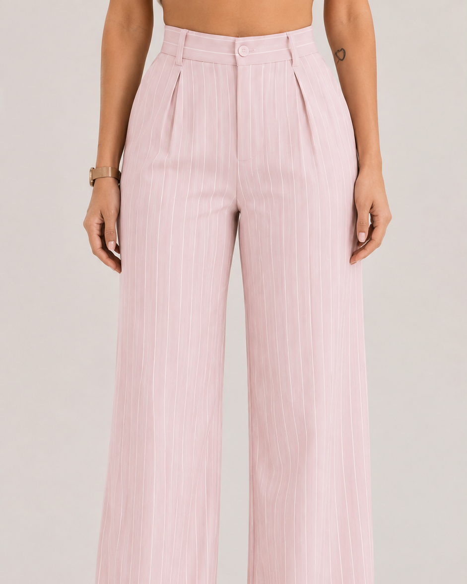 Nude Pink Pinstripe High-Waist Wide-Leg Trousers for Women – View 5