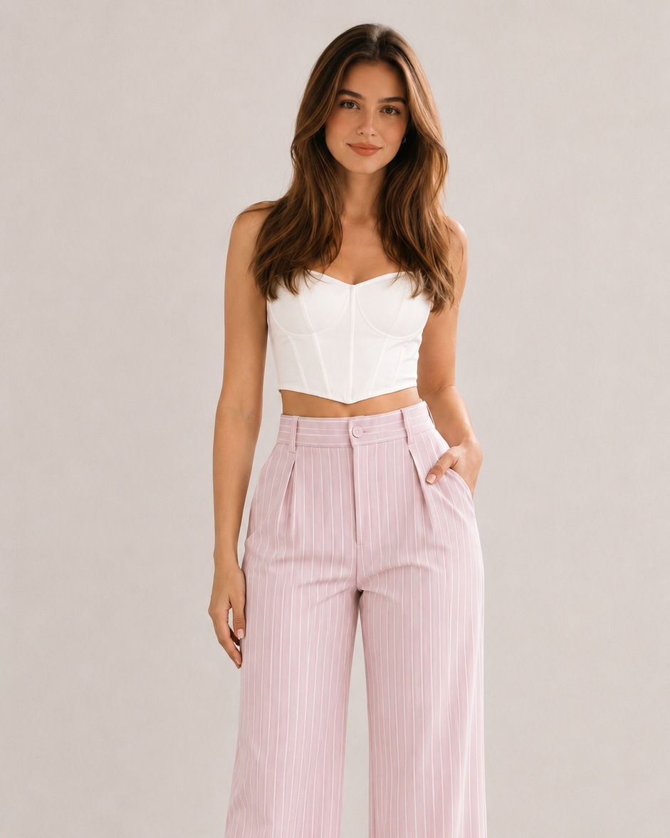 Nude Pink Pinstripe High-Waist Wide-Leg Trousers for Women – Beyond Formals