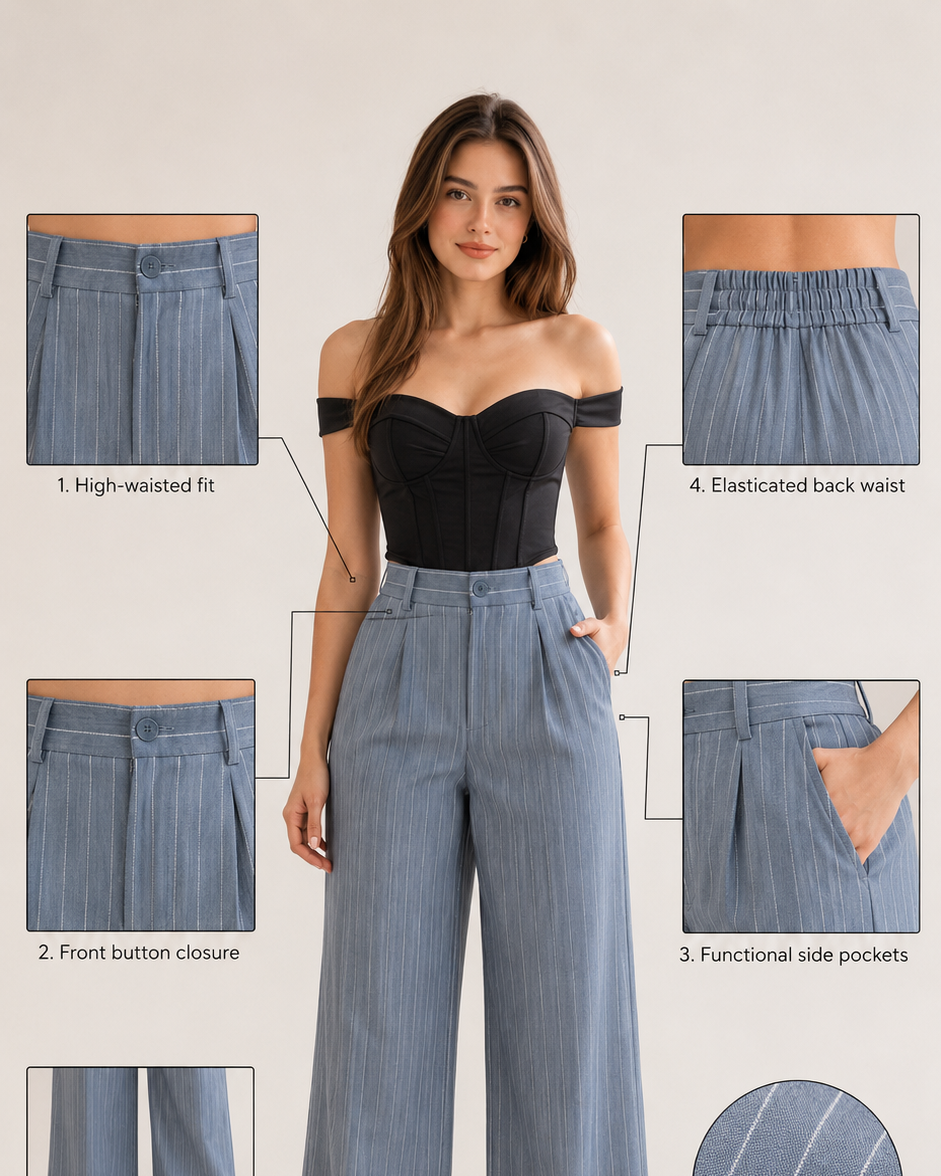 Powder Blue Pinstripe High-Waist Wide-Leg Trousers for Women – View 2