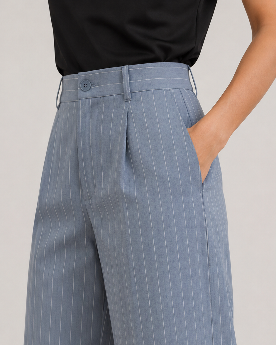Powder Blue Pinstripe High-Waist Wide-Leg Trousers for Women – View 3
