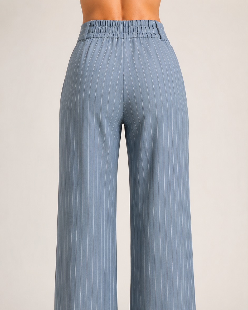 Powder Blue Pinstripe High-Waist Wide-Leg Trousers for Women – View 4