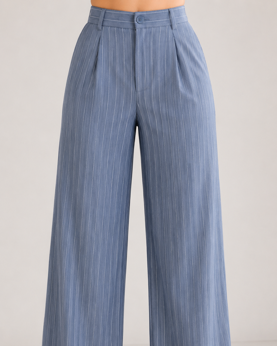 Powder Blue Pinstripe High-Waist Wide-Leg Trousers for Women – Beyond Formals