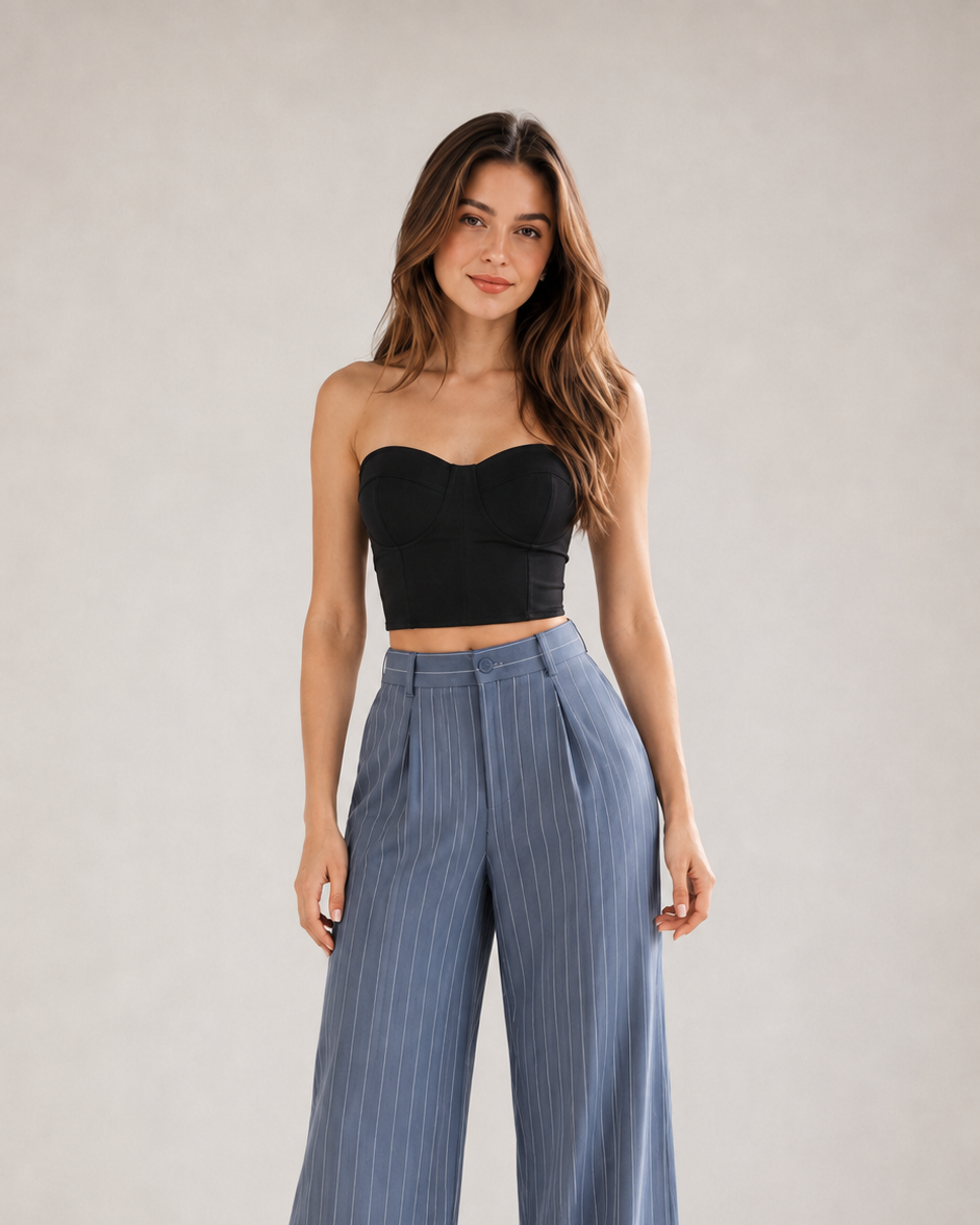 Powder Blue Pinstripe High-Waist Wide-Leg Trousers for Women – View 5