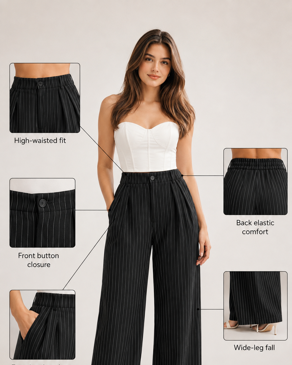 Black Pinstripe High-Waist Wide-Leg Trousers for Women – View 2