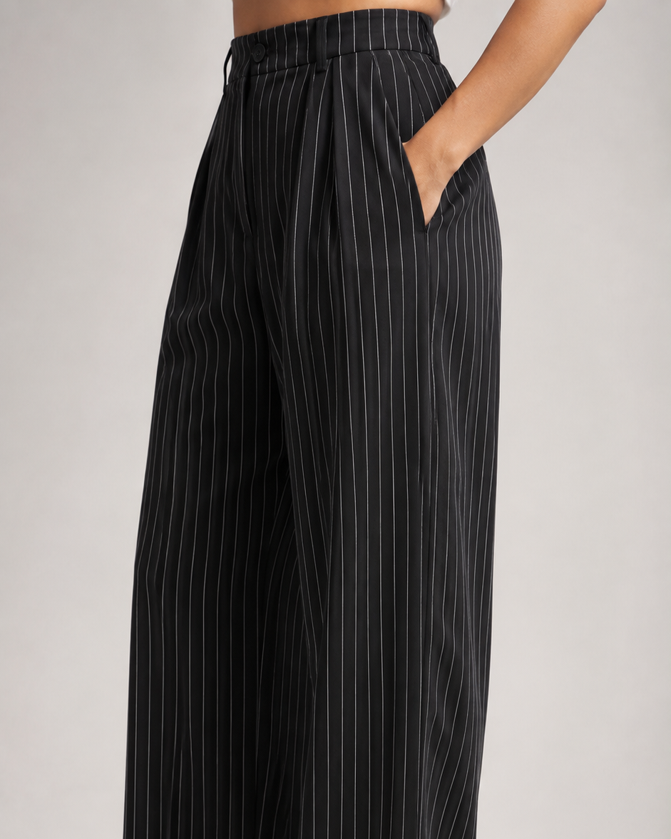 Black Pinstripe High-Waist Wide-Leg Trousers for Women – View 3