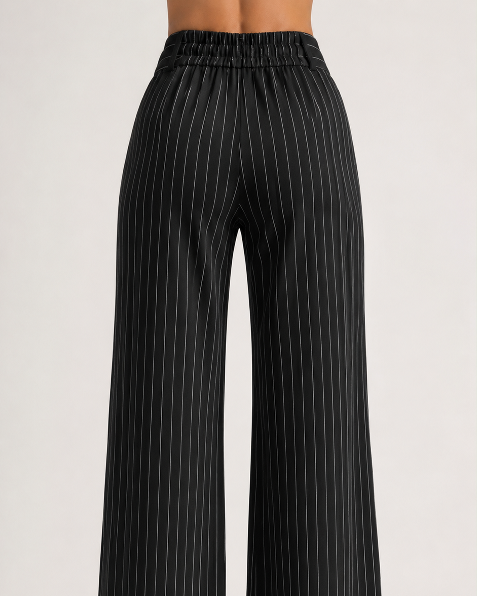 Black Pinstripe High-Waist Wide-Leg Trousers for Women – View 4