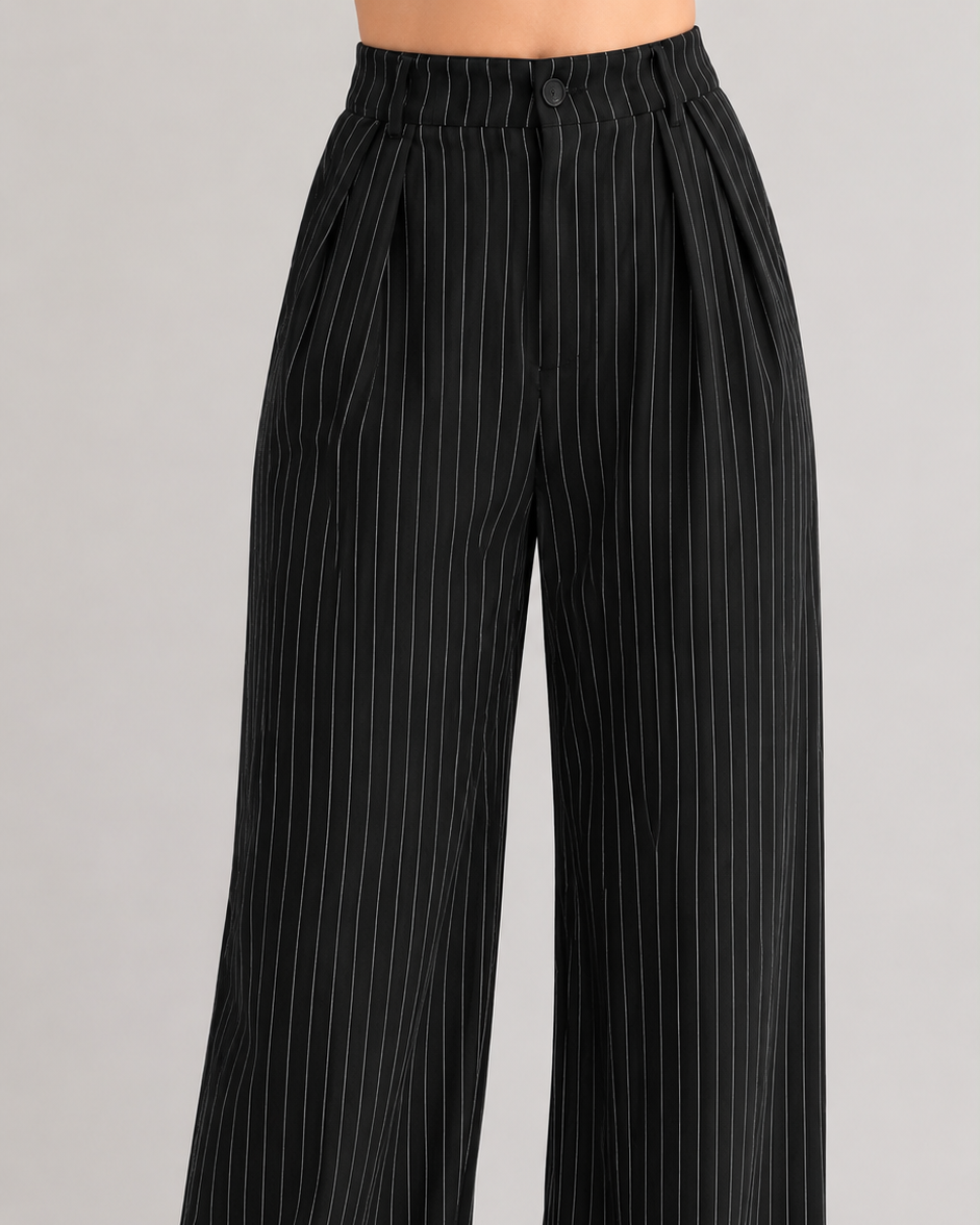Black Pinstripe High-Waist Wide-Leg Trousers for Women – View 5