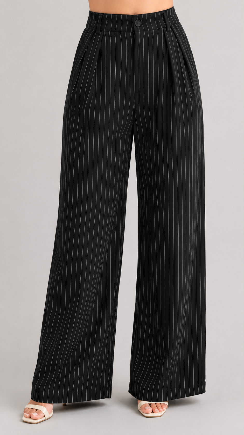 Black Pinstripe High-Waist Wide-Leg Trousers for Women – View 5