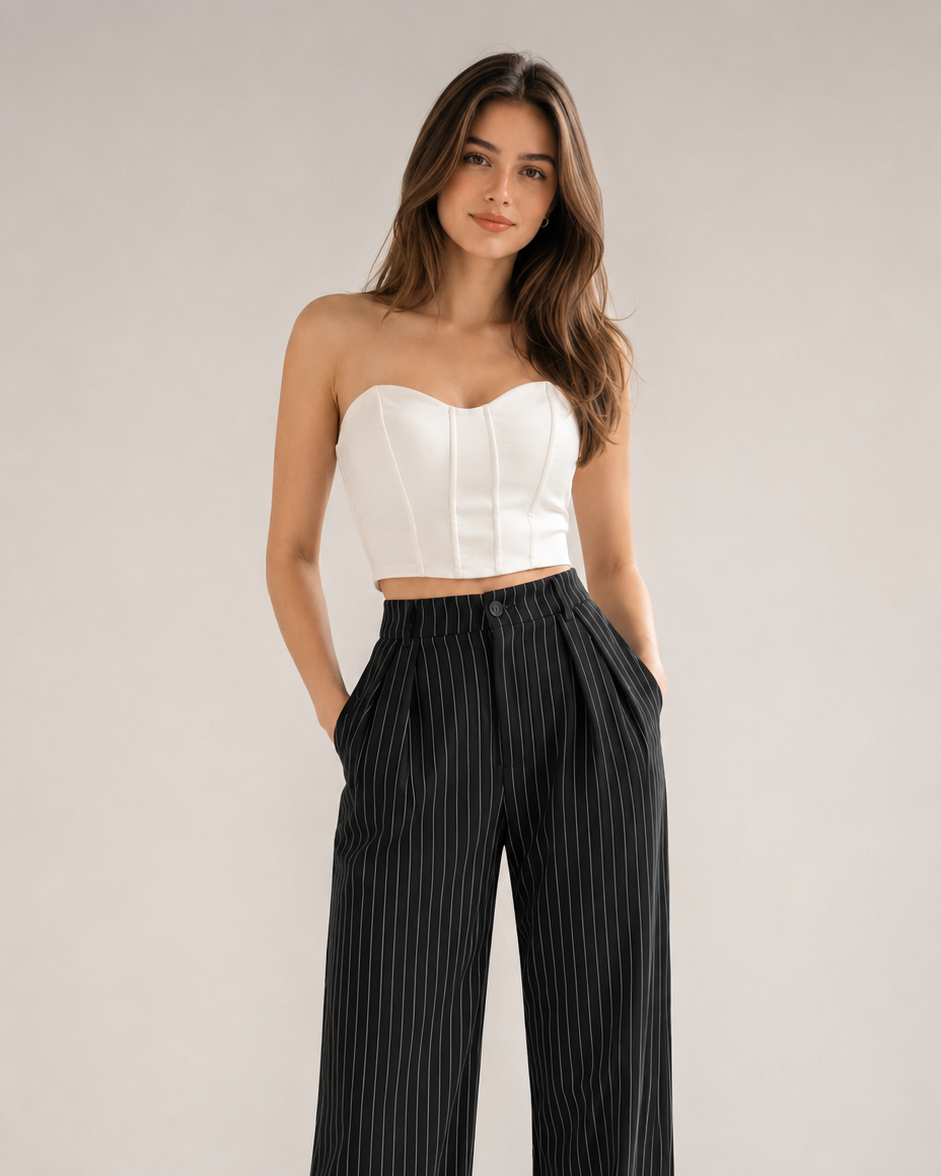 Black Pinstripe High-Waist Wide-Leg Trousers for Women – Beyond Formals