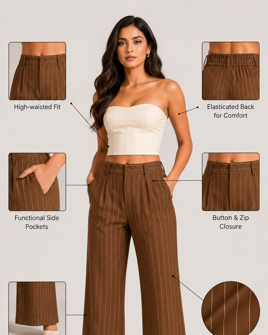 Brown Pinstripe High-Waist Wide-Leg Trousers for Women – View 2