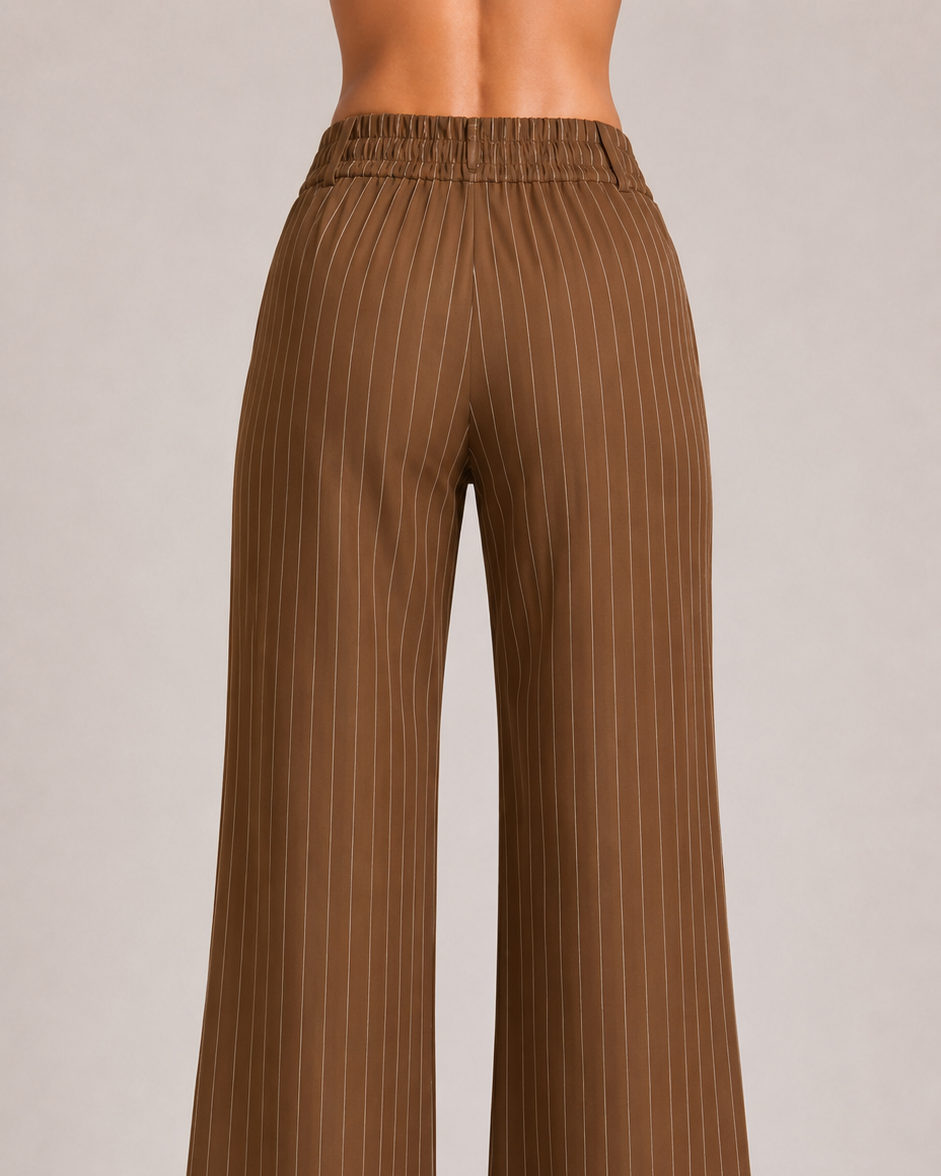 Brown Pinstripe High-Waist Wide-Leg Trousers for Women – Beyond Formals