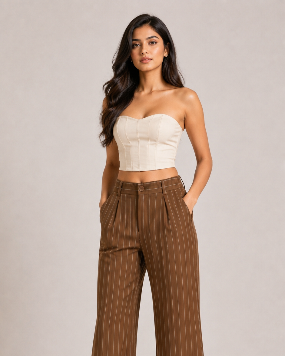 Brown Pinstripe High-Waist Wide-Leg Trousers for Women – View 4