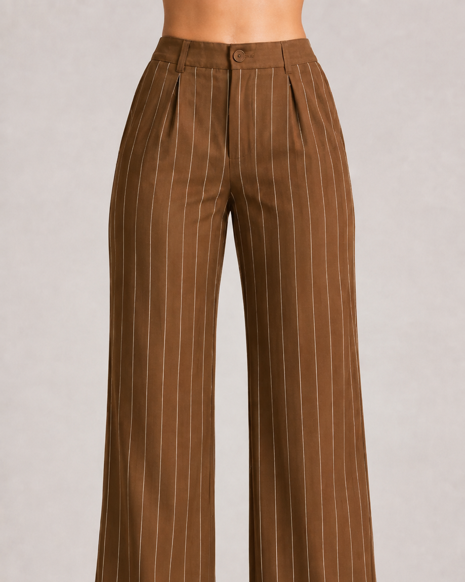 Brown Pinstripe High-Waist Wide-Leg Trousers for Women – View 5