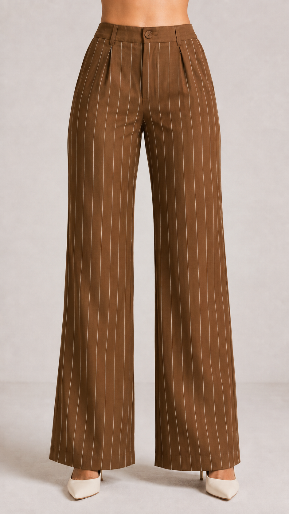 Brown Pinstripe High-Waist Wide-Leg Trousers for Women – View 5