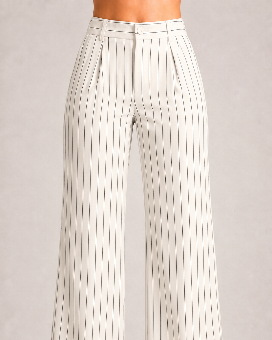 White Pinstripe High-Waist Wide-Leg Trousers for Women – View 2