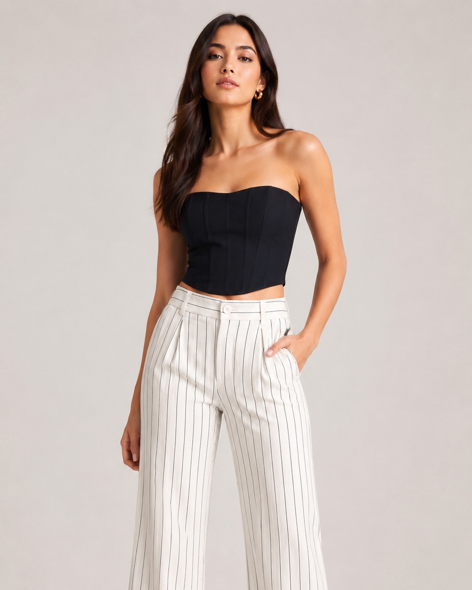 White Pinstripe High-Waist Wide-Leg Trousers for Women – Beyond Formals